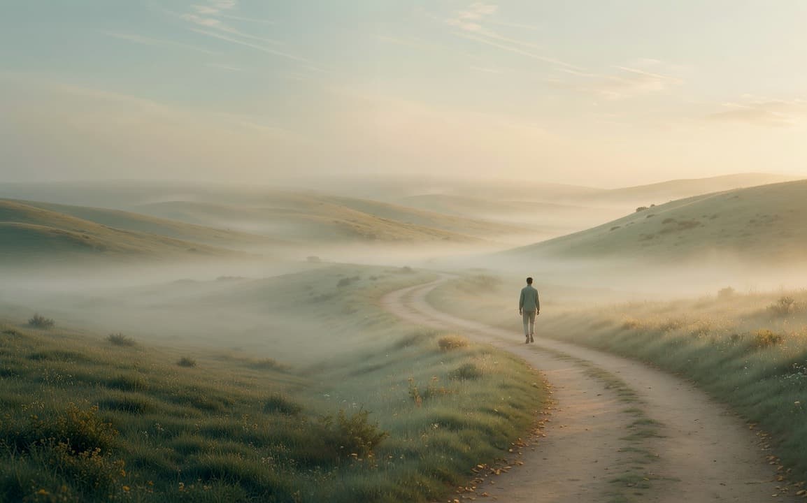 The misty path from the homepage, a lone walker in the distance