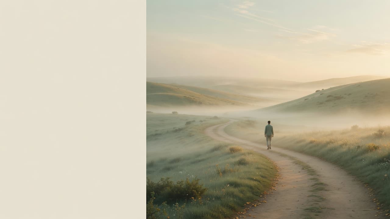 A quiet winding path through a misty morning landscape, evoking calm personal progress