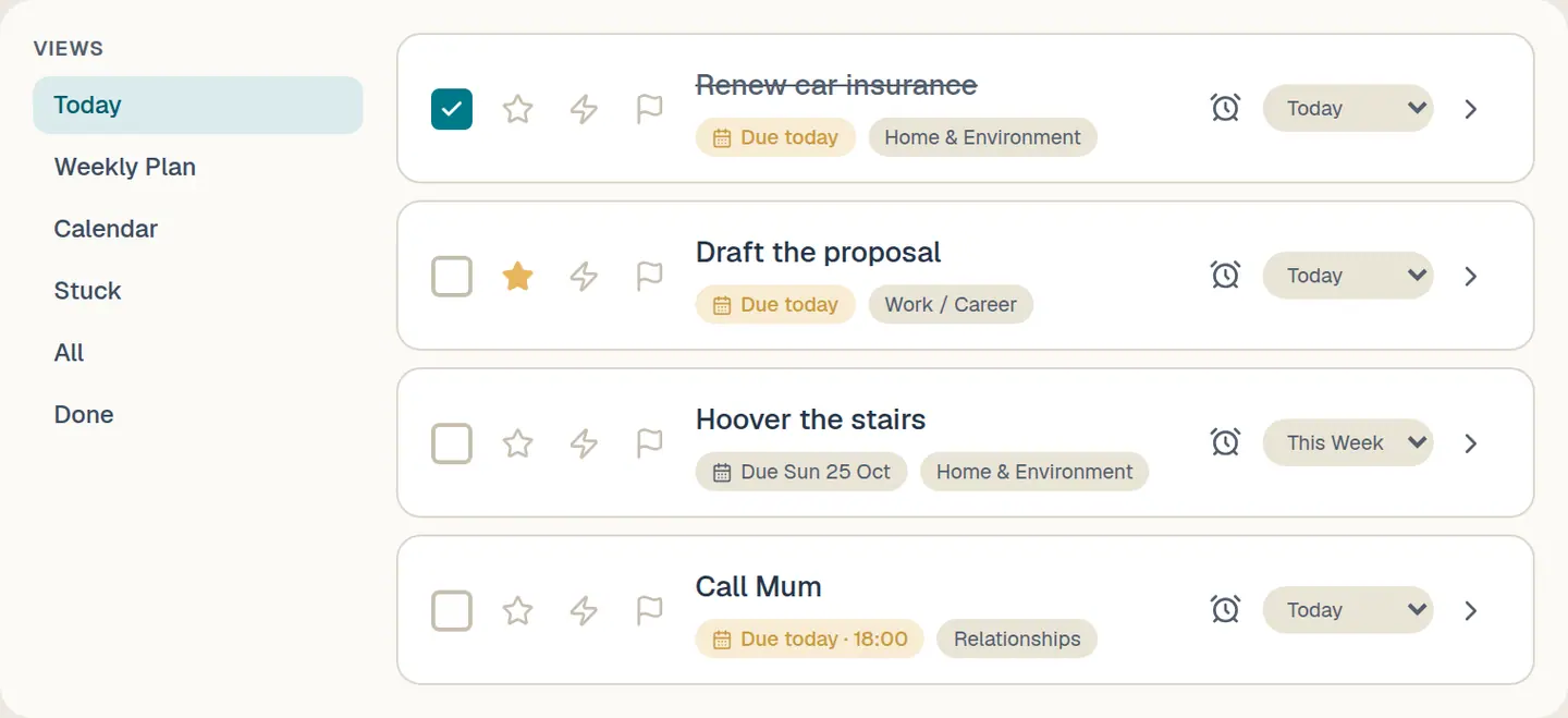 Actions in Limitless Crew: Today, Weekly Plan and Calendar, with tasks such as drafting a proposal and calling Mum.