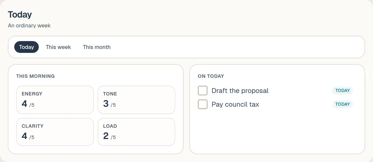 Today in Limitless Crew: a morning check-in for energy, tone, clarity and load, with the actions due today.